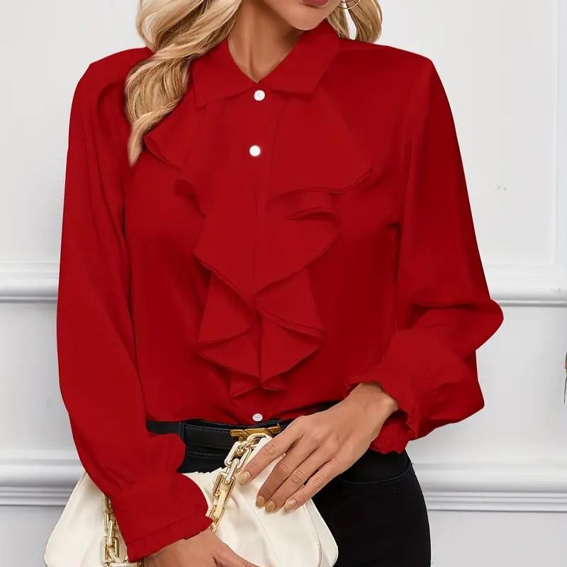 Spring Fashion Ruffled Turn Down Collar White Shirt for Women Elegant Slim Fit Casual Loose Women's Blouses Tops Solid Simple Office Lady Shirts 26476