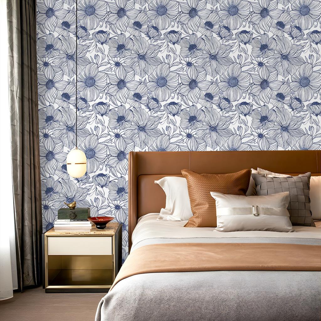 Floral Peel and Stick Wallpaper Blue White Boho Contact Paper for Bedroom Bathroom Removable Self Adhesive Wallpaper Rolls