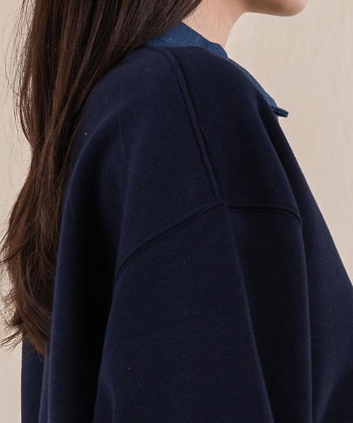 Ellamo French Terry Two-Button Denim Collar Oversized Sweatshirt [Navy]