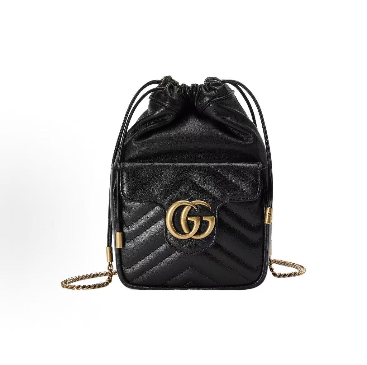 

Серія Gucci Marmont Логотип Double G Затягування Шкіряна сумка-відро Сумка-месенджер Міні Жіноча Чорна Basic+Dust Bag чорний