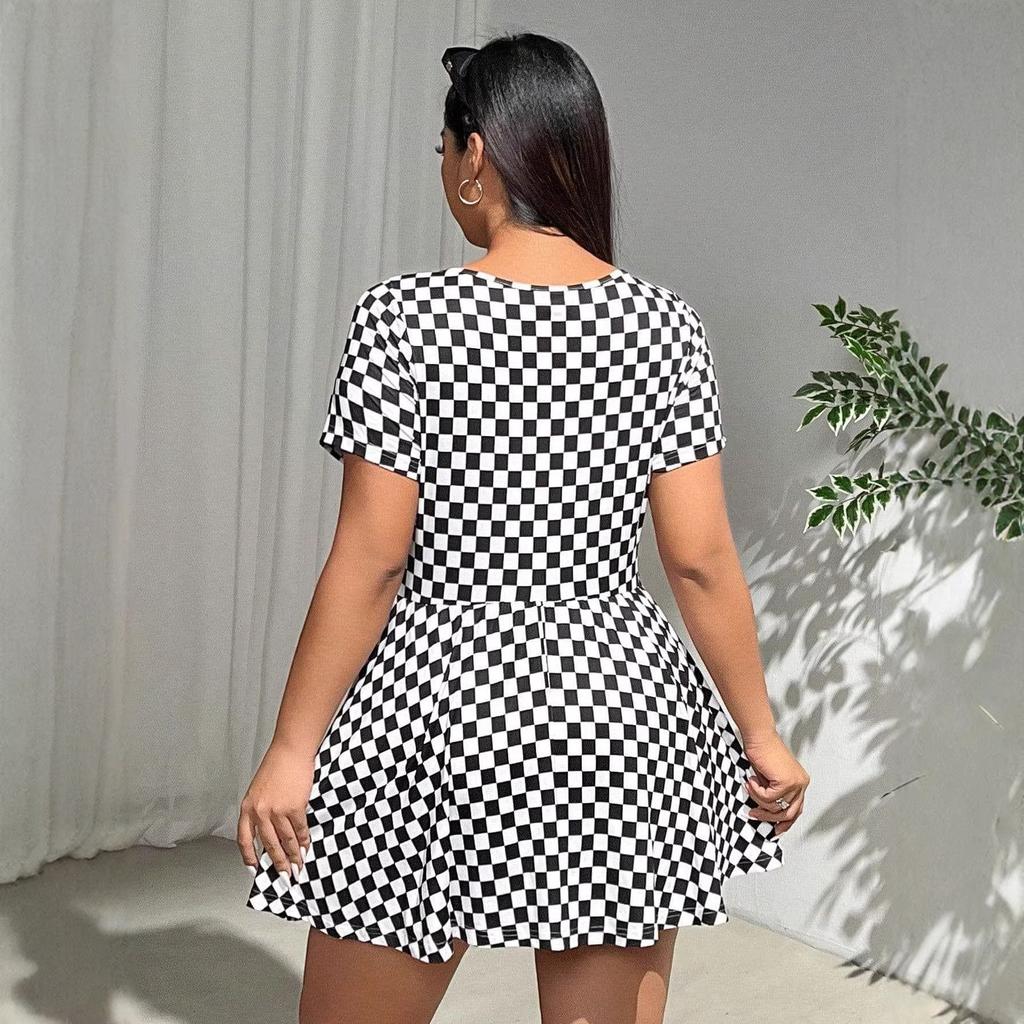 European and American large-size plaid printing dress, slim and thin square neck short-sleeved skirt, direct supply