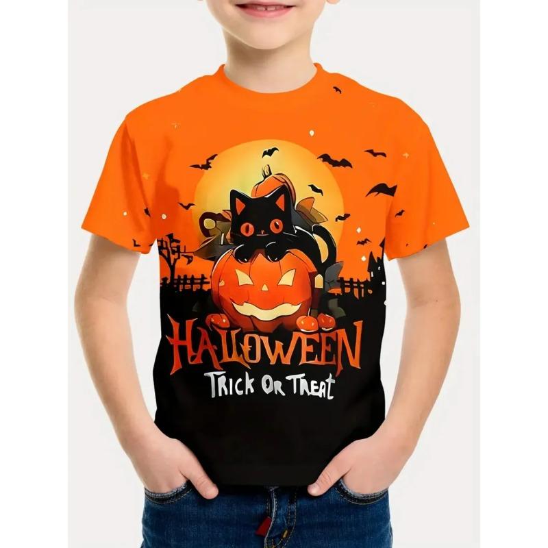 Round Neck 3D Pumpkin Printed Top Fashionable Short Sleeved Children's Boy T-shirts - Soft Medium Stretch Polyester Fabric Summer Relaxed Fit Clothing