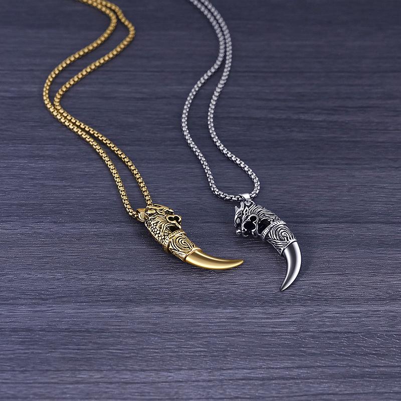 Titanium Steel Wolf Tooth Men's Necklace – Durable, Fade-Resistant Pendant with Retro European & American Hip Hop Style.
