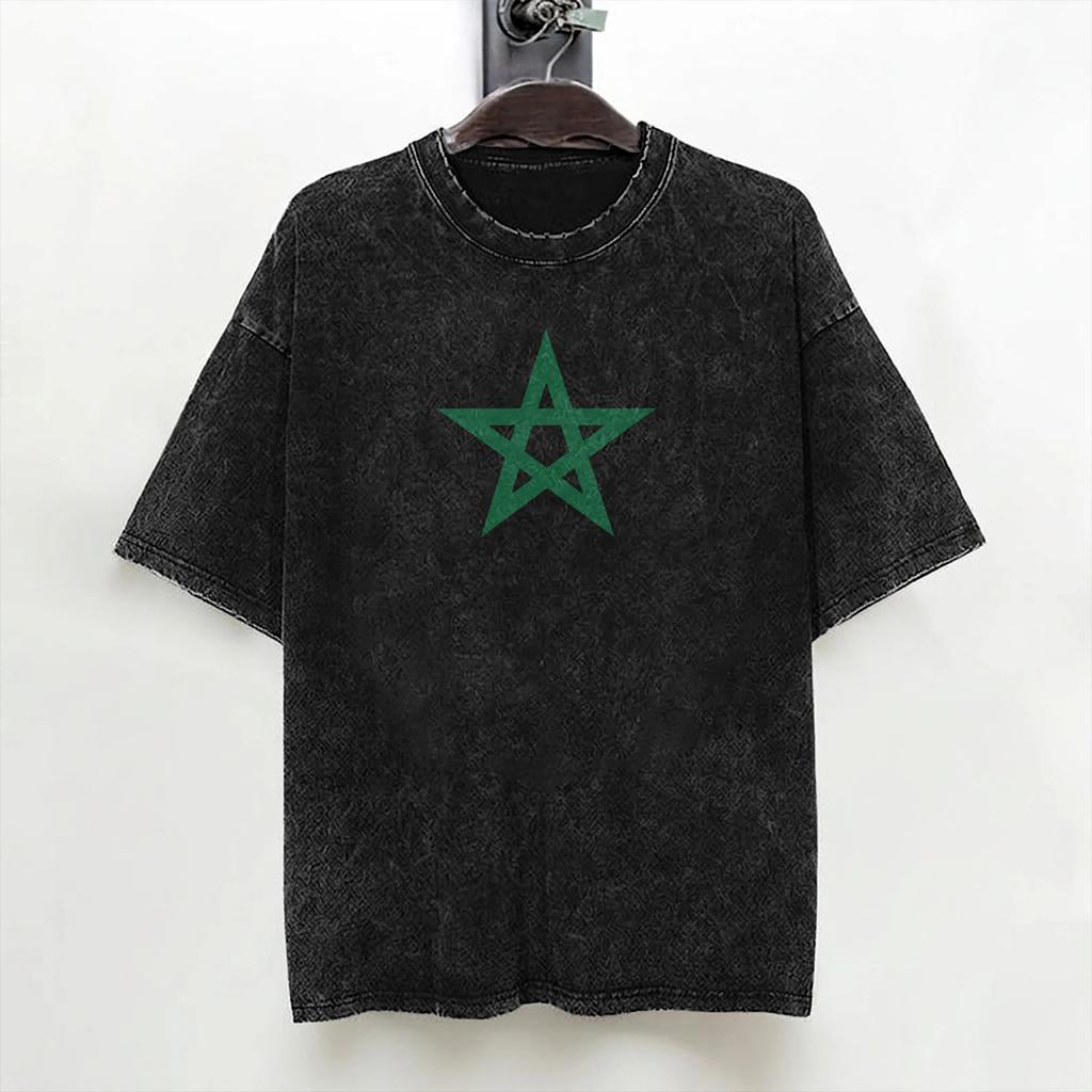 Washed T Shirts Morocco Flag Hip Hop Fashion Tshirt Harajuku Moroccan Streetwear Short Sleeve Printed Tee Shirt For Men Women