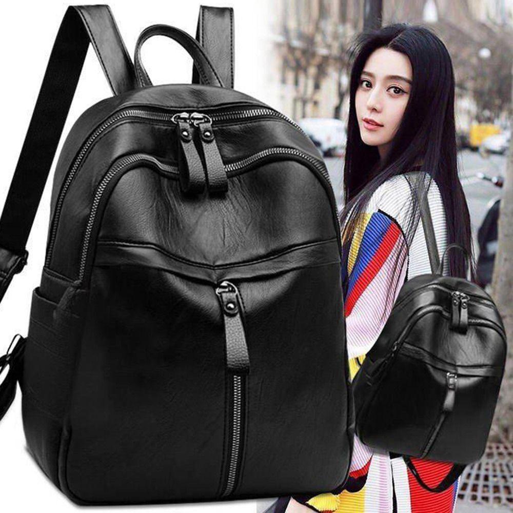 Simple PU Leather Women Backpack Black Large Capacity Shoulder Bags Waterproof Travel Bag Outdoor
