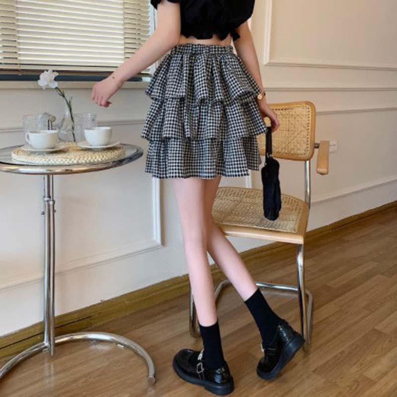 Black and White Check Cake Skirt Women's Elastic Waist A-word Ruffle Edge Pleats Puffy Skirt Sexy Sweet Gothic Preppy Style Spring Summer