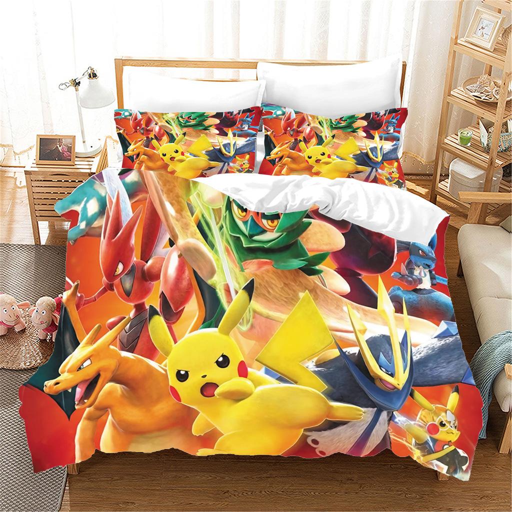 Anime P-Pokémon Printed Bedding Set New Ash Ketchum Pikachu Duvet Cover Comforter Pillowcase Boys Girls Children Adults King Gif