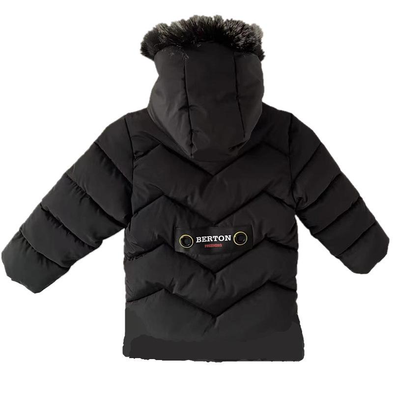 Boys' Winter 2024 Mid-Length Cotton Coat: Korean Style, Thickened, Fleece-Lined, Big Fur Collar, for Small and Medium Children.
