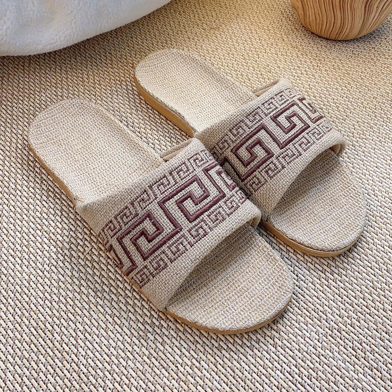 Machine embroidered women's new linen slippers women's summer home use couple indoor soft bottom non-slip cool slippers men's summer