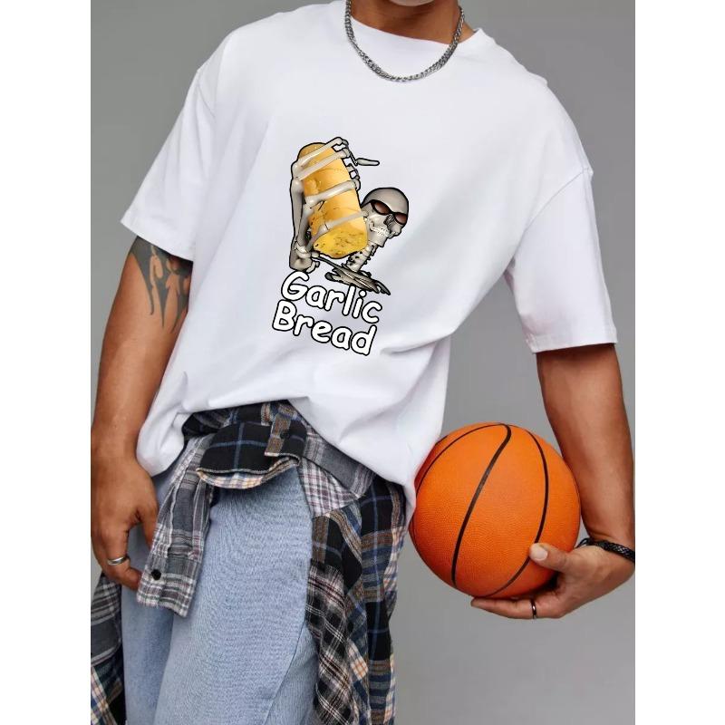 Garlic Bread T Shirt White Skeleton Holding Garlic Bread Graphic and Text Casual Wear for Men and Women