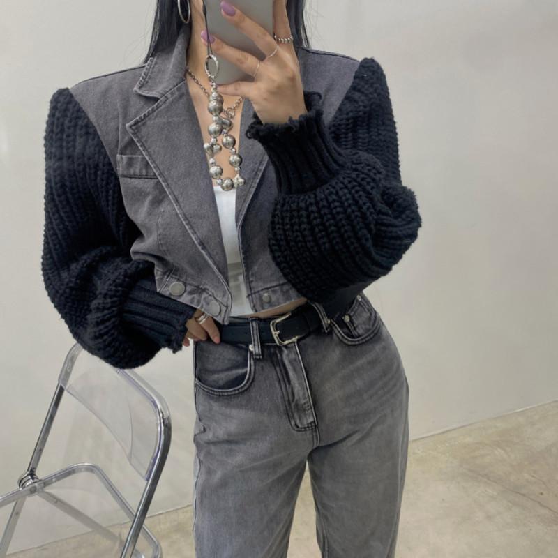 Spliced Denim Jacket Women  Autumn Winter New Long Sleeve Loose Jackets Vintage Casual Turn Down Collar Short Coats