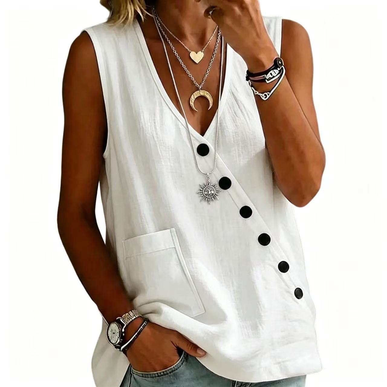 2026 Women s Shirt Top V-neck Solid Color Casual Comfortable Buttoned Cotton Linen Vest S белый