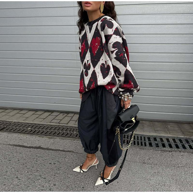 

Пуловер вязаный женский новый с принтом в стиле игральных карт ромбовидным узором черного и красного цвета S чёрный