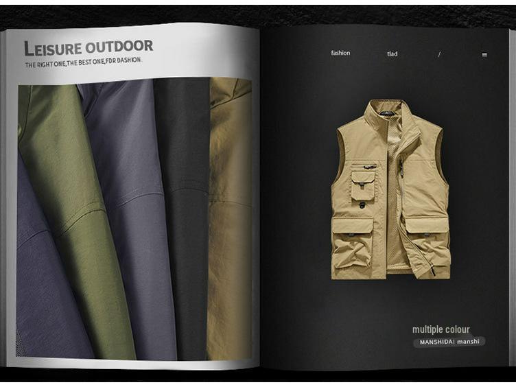 Men's Waterproof Quick-Dry Multi-Pocket Outdoor Photography Vest with Breathable Stand-Up Collar