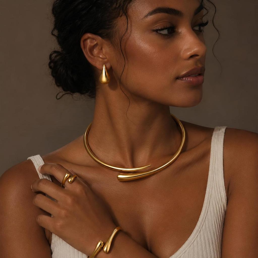 4 Pcs Gold Jewelry Set for Women, 18K Gold Plated Teardrop Necklace, Matching Drop Earrings, Cuff Bracelet and Ring Set, Chunky Dressy Accessories