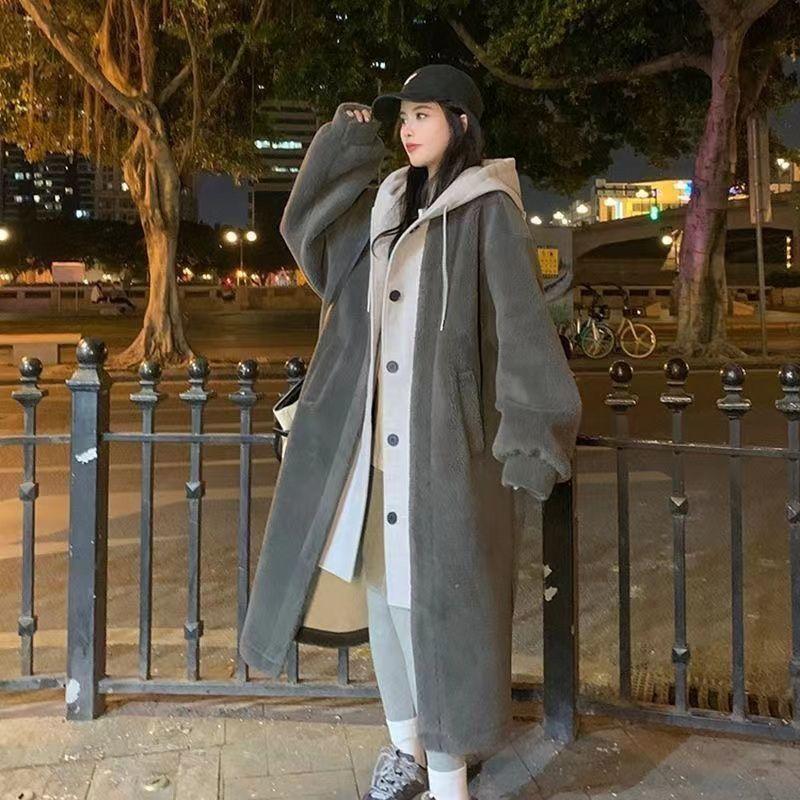 Koreanischer Herbst Winter Mittellanger bis Langer Jackenmantel Damen Lammwolle Locker Mode Mit Kapuze Mantel Damen Freizeit Langer Übermantel L graue