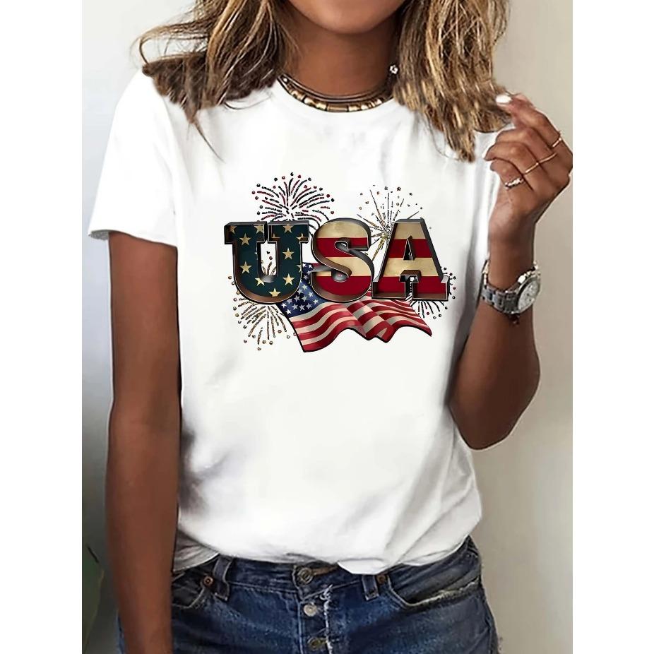 Women's American Flag & Butterfly Print Crew Neck T-Shirt - Casual Short Sleeve Spring/Autumn Top Vibrant Colors Printed Top