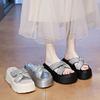 Fashion Flash Sequins Cross-over One-word Women's Summer Comfortable Stepping On Shit Muffin Slippers, Wearing Versatile Cool Slippers