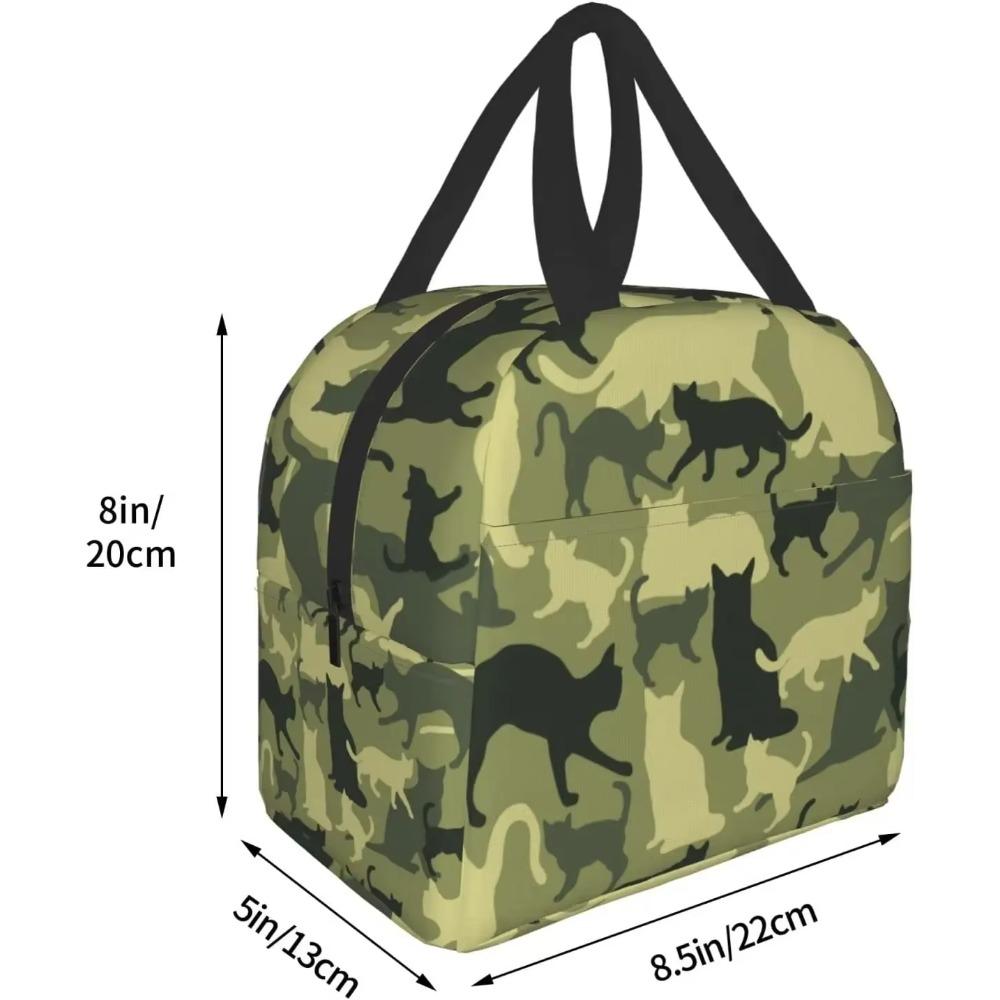 Insulated Lunch Bag Reusable Cooler Thermal Cat Camouflage Military Green Tote Bag with Front Pocket for Travel Work Picnic