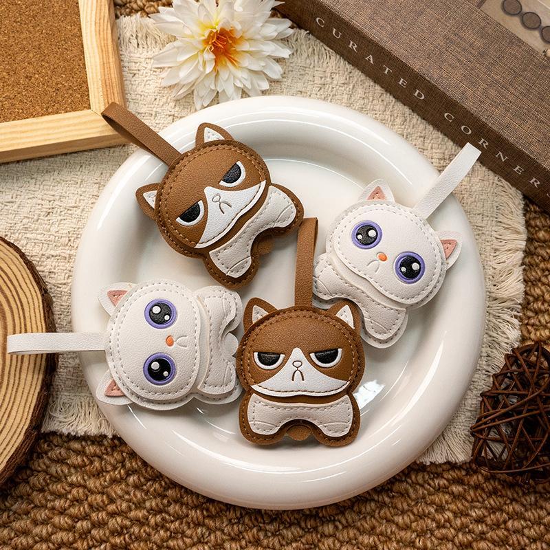 Cute Cartoon Cat Pu Leather Charm Kawaii Stitched Details For Bag Keychain Car Decor