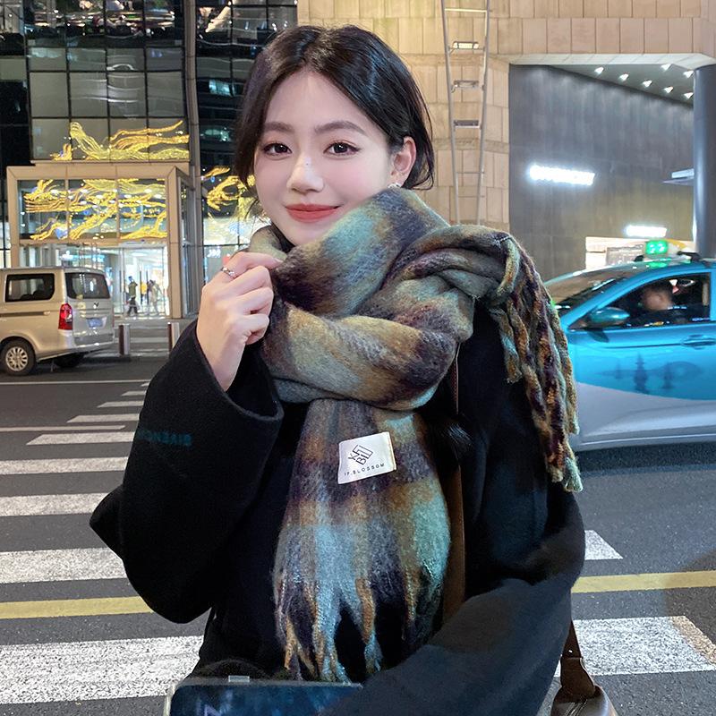 High End Plaid Scarf for Women In Winter New Style Mohair Plaid Shawl Versatile Thickened Warm Scarf Korean
