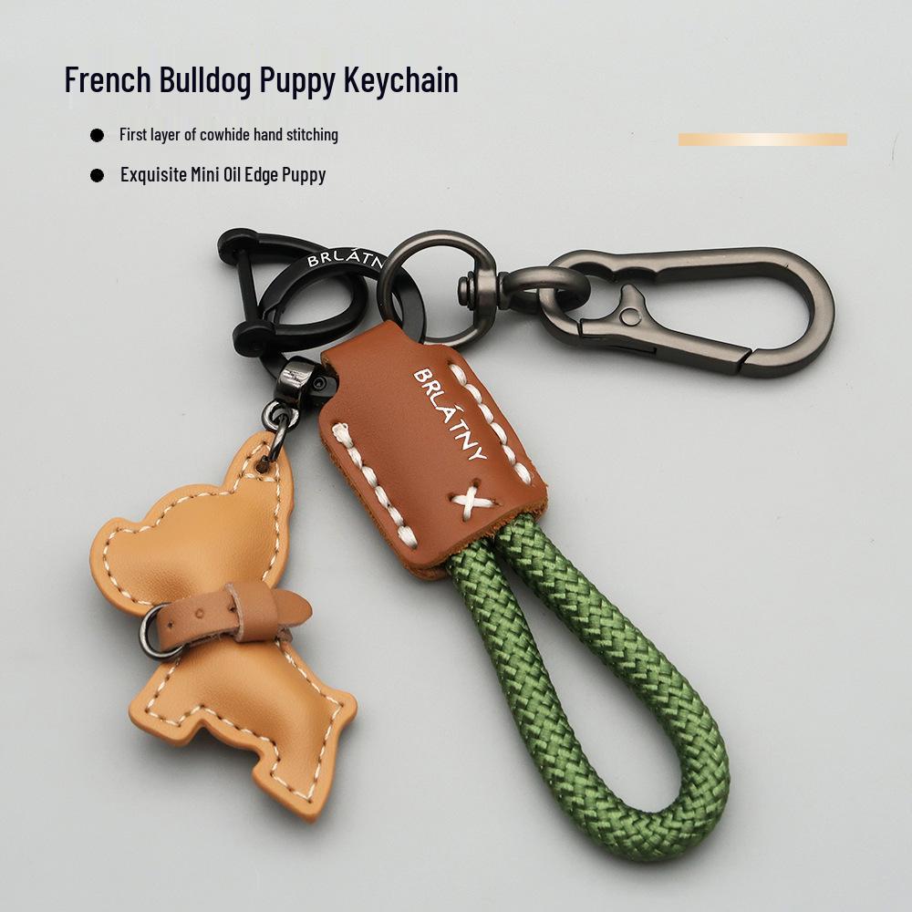 Handmade French Bulldog Genuine Leather Keychain with Anti-Lost Woven Rope Lanyard.