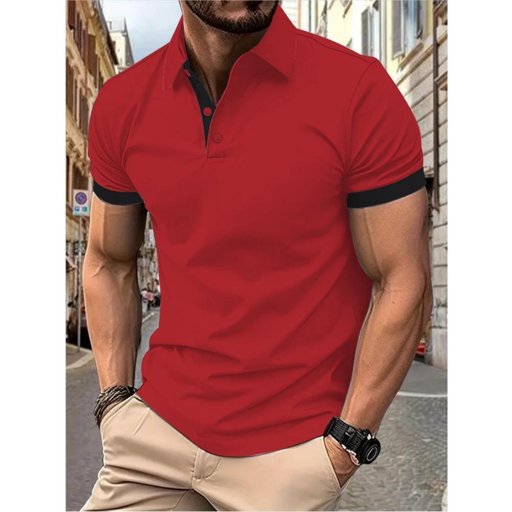 Men's Short Sleeve Color Matching Fashion with Men's Lapel Short Sleeve