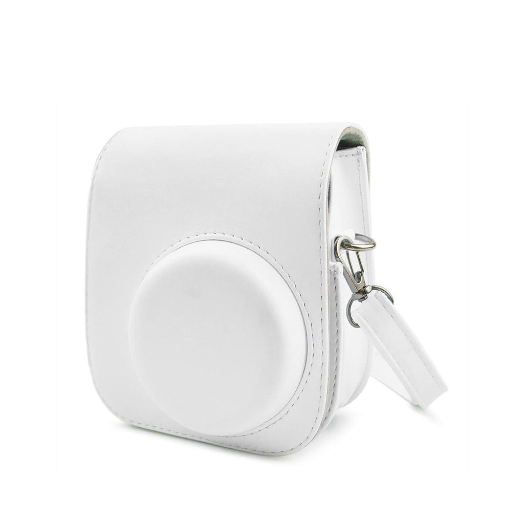 HIYQIN Instax Mini 12/11/9/8+/8 Case, Cute Camera Bag with Shoulder Strap and Back Pocket, PU Leather Cover, Solid White