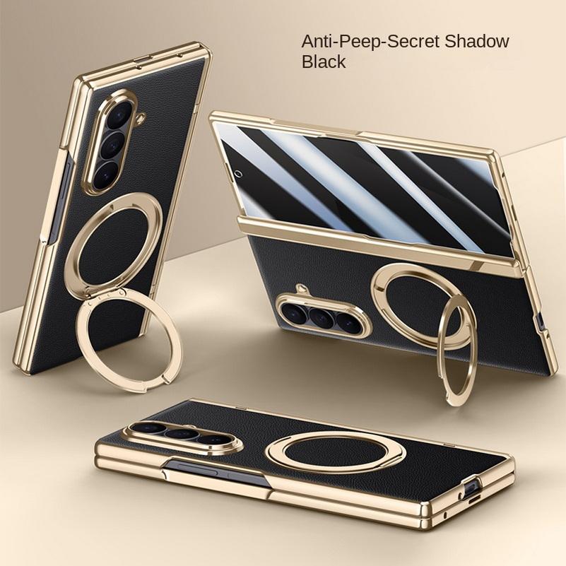 Rotatable Metal Magnetic Bracket Central Axis Leather Phone Case for Samsung Galaxy Z Fold 7 Slim Glass Protect Film Back Cover