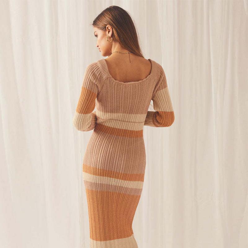 Off Shoulder Striped Beach Midi Dress Women Summer Long Sleeve Casual Elegant Female Dresses Chic Maxi Robes