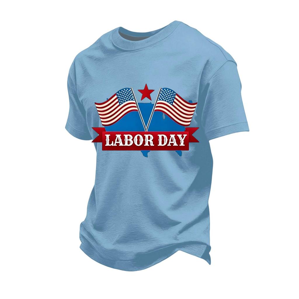 Men's Loose Fit Short Sleeve Casual T-Shirt Labor Day Printed Crew Neck Cotton Blend Top for Everyday Wear