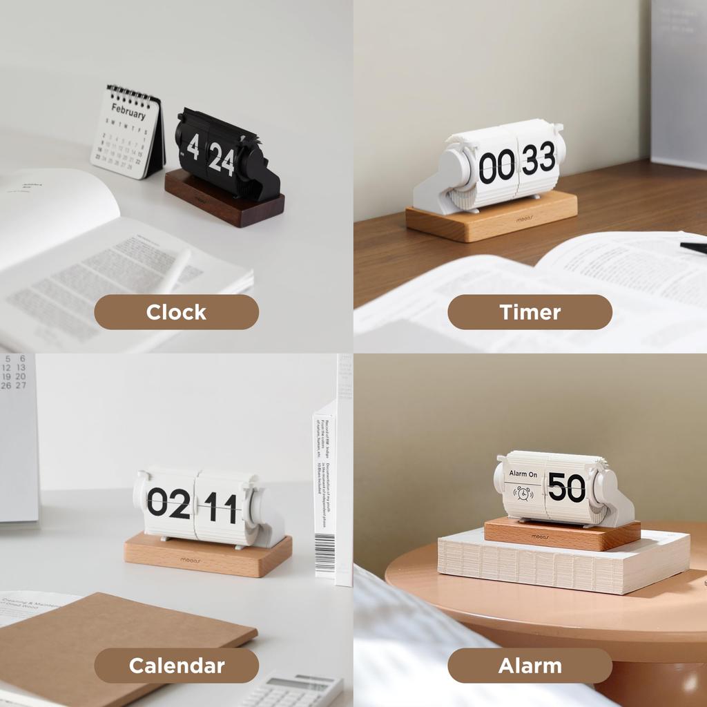 Mooas Multi-Wood Mini Flip Desk Clock, Retro Vintage Analog Automatic Flip Clock, Timer Calendar, Desk Clock with Large Numbers, USB-C Rechargeable, P