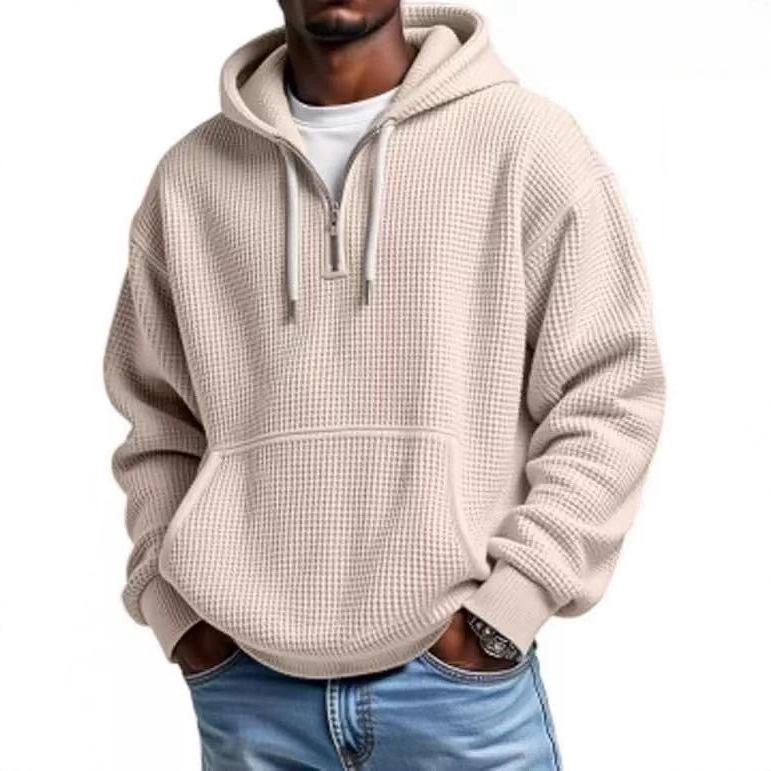 European Heavyweight Waffle Long Sleeve Hooded Sweatshirt - Men's Loose Fit, Pure Color, Casual Style