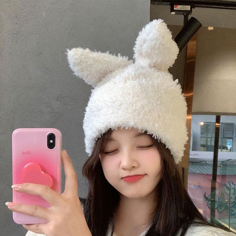 

Осень и зима милые кроличьи ушки пушистая плюшевая шапка женская мультяшная теплая шапка показывает лицо маленькая голова шапка-пуловер прилив 52-56cm белый