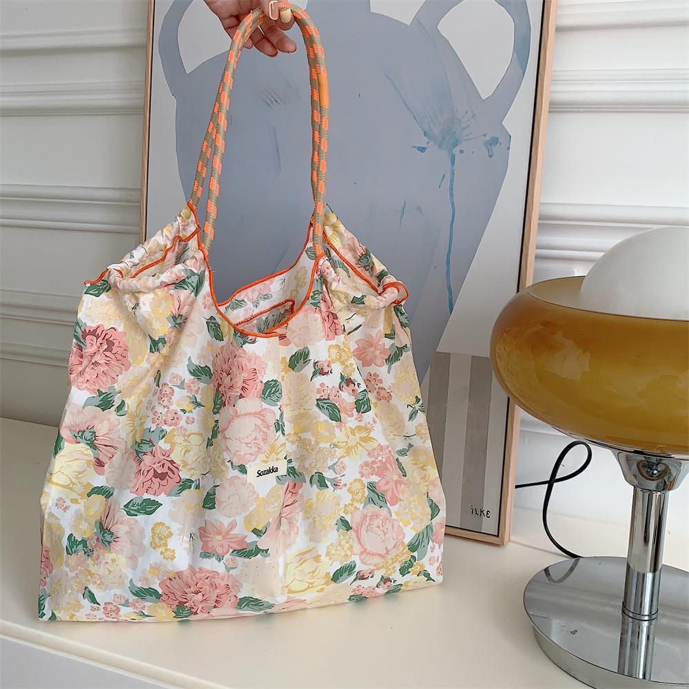 Chic Korean Style Floral Tote Bag Roomy Soft Cotton Summer Shoulder Bag For Everyday Use
