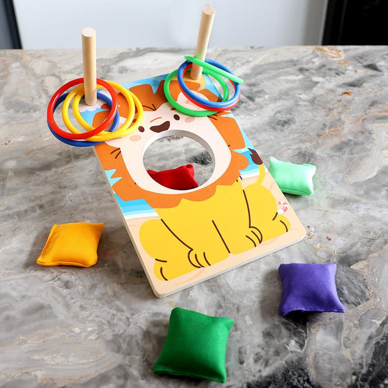 Childrens Lion Fun Bean Bag Toss Ring Game With Wooden Material For Educational Play