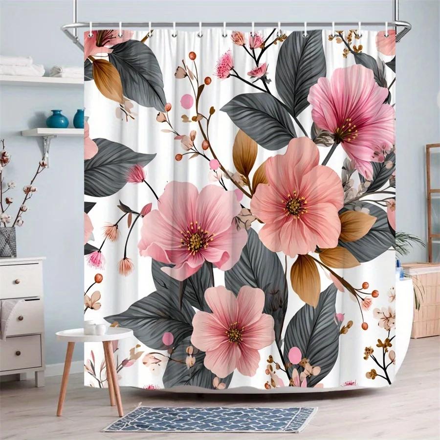 

1Pc Pink Peony Branch Shower Curtain - Realistic Floral Design With Brown Branches & Dark Green Leaves On White Background, W60H190(CM)-1 Pcs