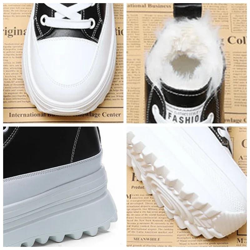 Fashion 7CM Genuine Leather Ankle Boots Casual Chunky Sneakers Winter Plush Boots Spring Autumn Platform Wedge Hidden Heel Women Shoes