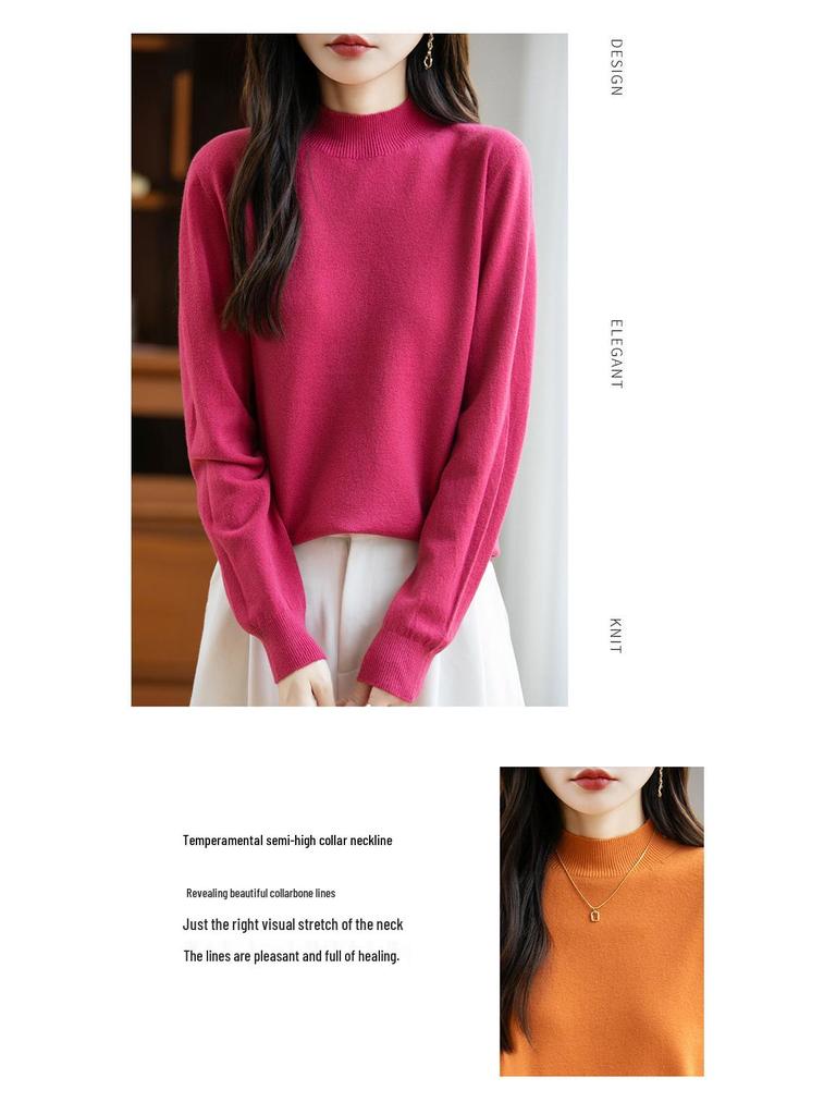 Elegant Autumn Velvet Knit Half-High Neck Sweater for Women - Long Sleeve, Loose Fit Pullover