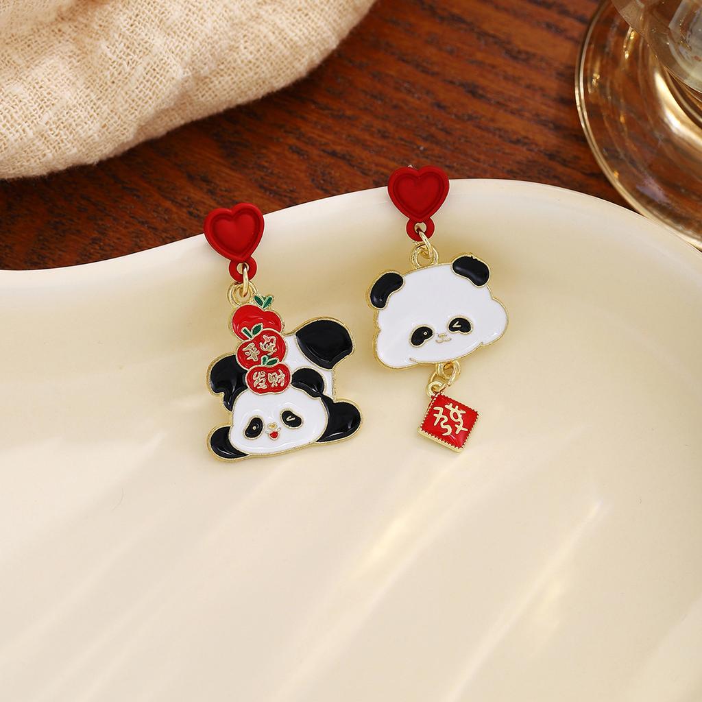 New Year'S Chinese Knot Lantern Cute Panda Earrings, Chinese Style Gong Xi Fa Cai Lucky Bag Pearl Earrings Women