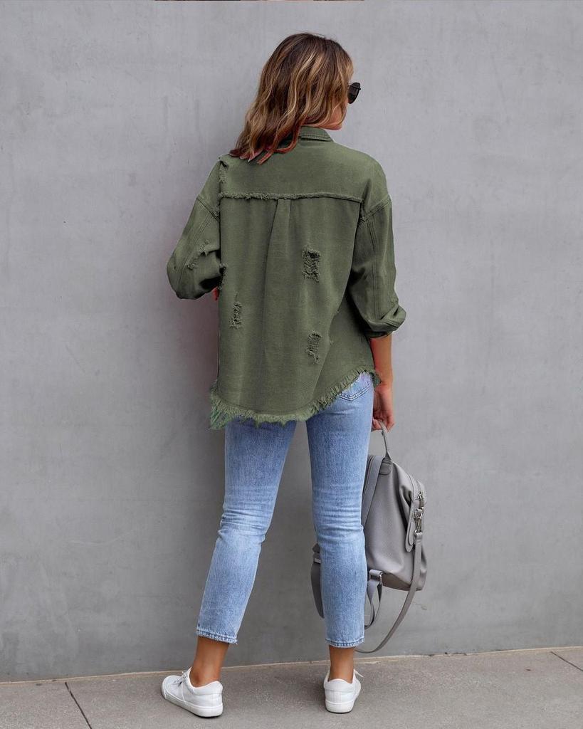 Women's Solid Color Ripped Denim Shirt - Long Sleeve, Loose Fit Bestseller