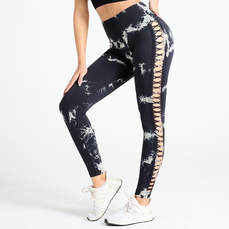 

Женские леггинсы для йоги с высокой талией и принтом тай-дай и боковыми вырезами Large чёрный