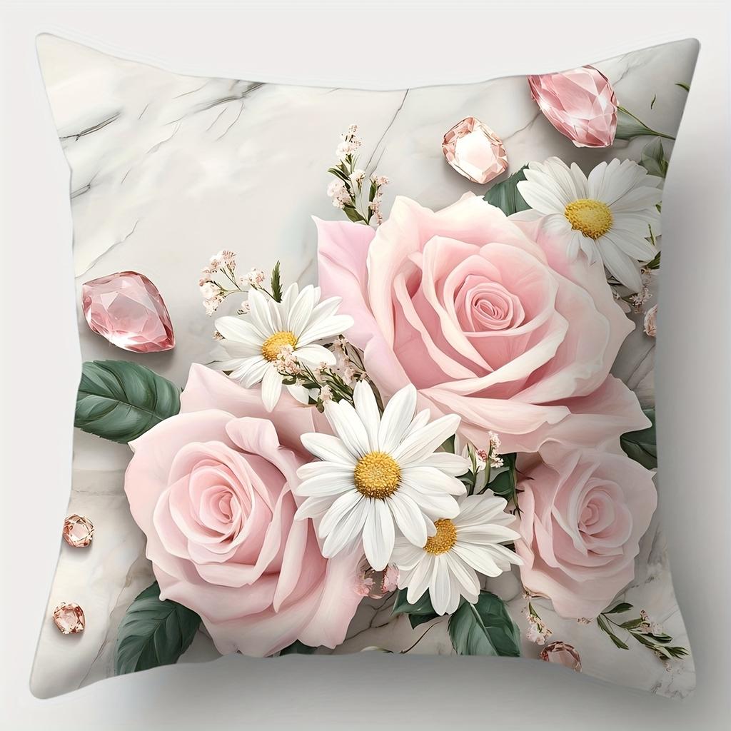 4Pcs Pink Rose Daisy Cushion Cover Floral Marble Crystal Printed Pillow Case Polyester Home Decor Sofa Living Room 2D Flat