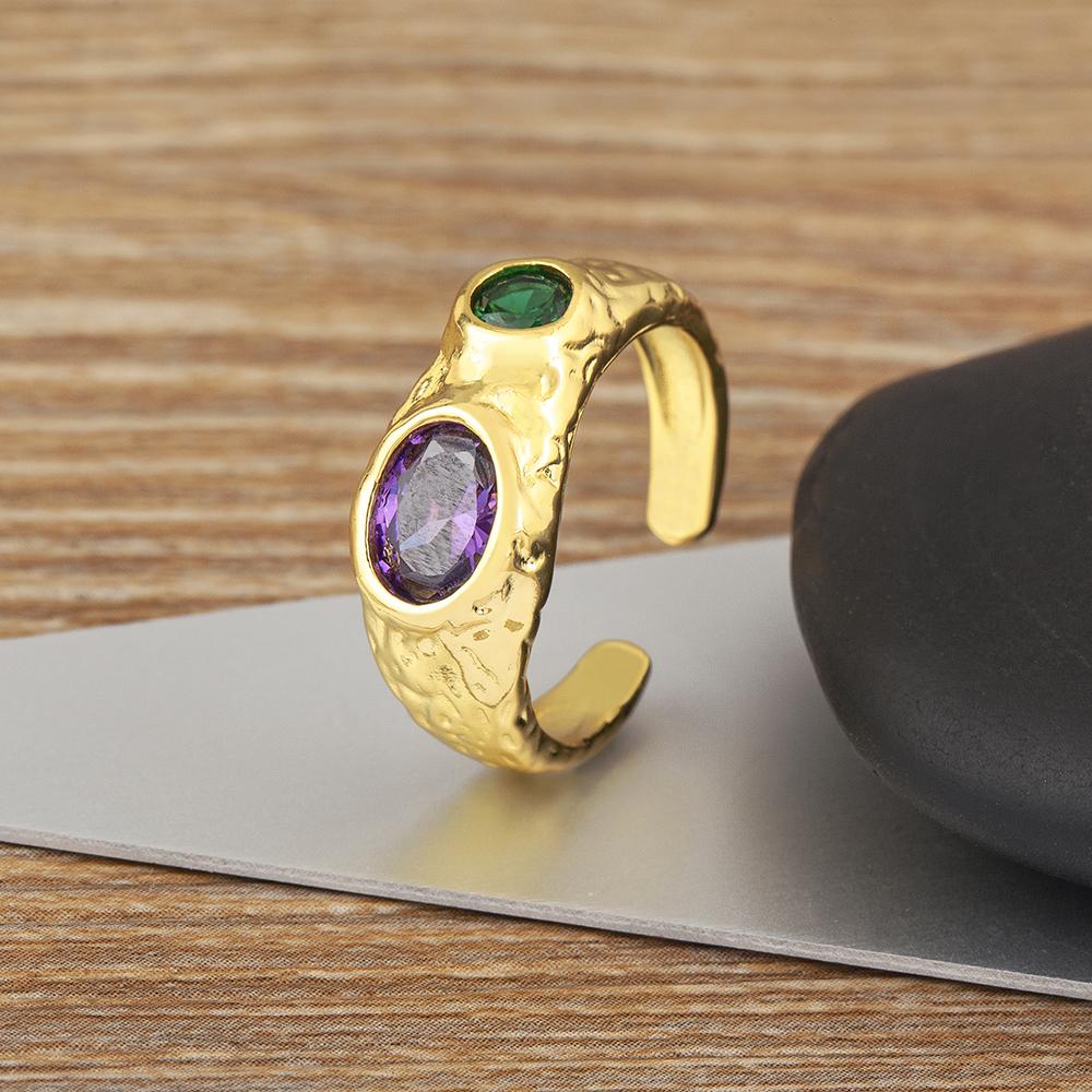 Nidin Vintage Irregular Hammered Open Ring Multi Color Oval & Round Crystal Zircon Adjustable Finger Jewelry Gift for Women Men