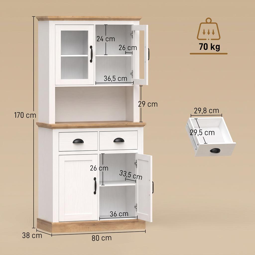 High Kitchen Sideboard, 4 Doors, 2 Glass, 2 Drawers, Worktop, Adjustable Shelves, White