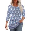 Women's Fashionable Casual Pleated Round Neck Casual Floral Print Seven Quarter Sleeved T-shirt Top