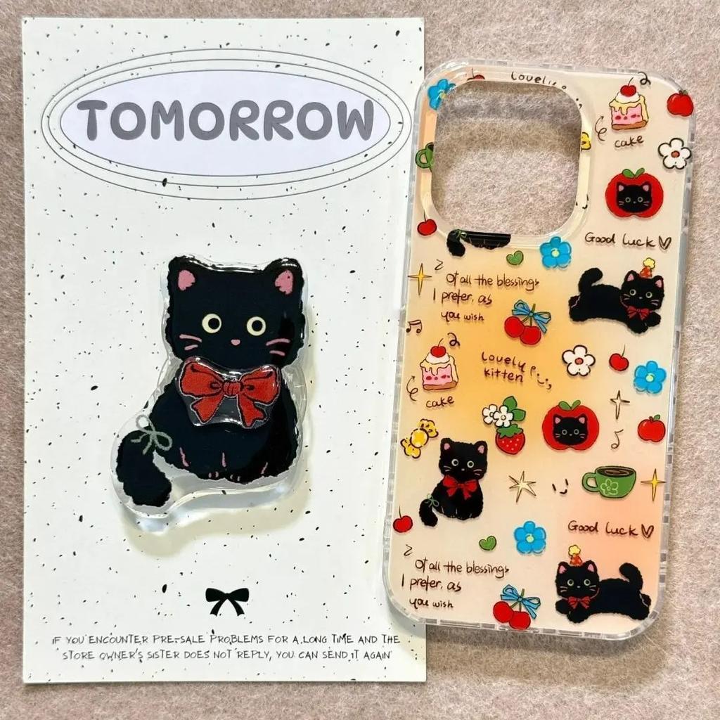 IDM Großes Loch Niedliche Schwarze Katze mit Ständer und Kette für Apple 17/15 Promax Handyhülle für IPhone