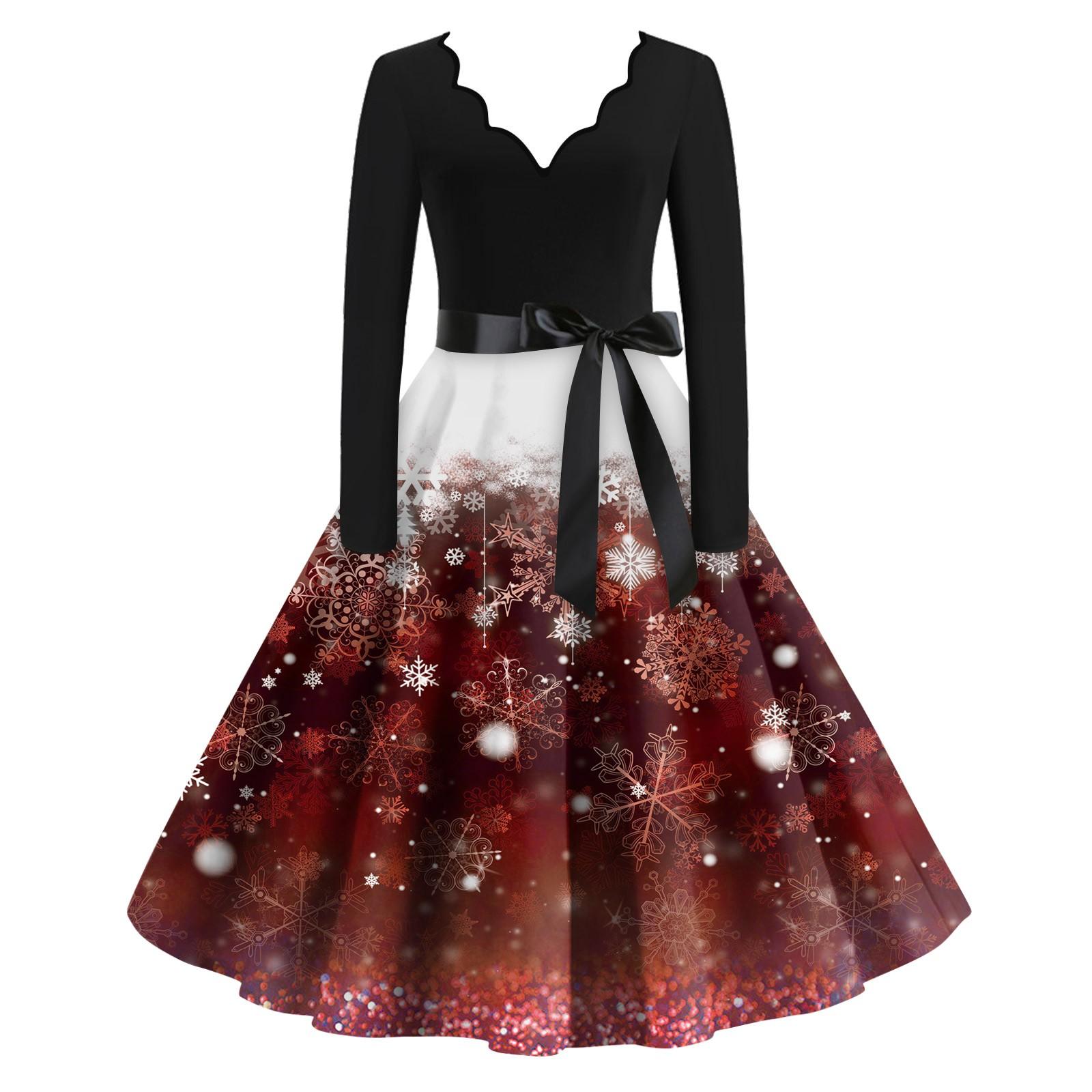 

Женские модные повседневные тонкие рождественские платья с длинным рукавом с v-образным вырезом и принтом XXL