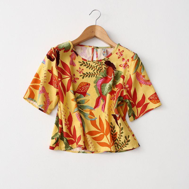 

Export Export Original Order Minimalist Fashion Tencel Linen Print Shirt Women s Loose Thin and All-Matching Short Sleeve Tops Yellow Print Eurocode-G(Bust size 106)