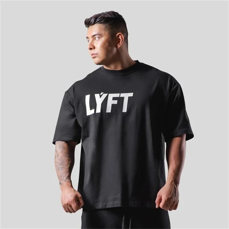 LYFT Summer Men T Shirt Letter GYM Print Mens Oversize Hip Hop Short Sleeve Casual Cotton Mens